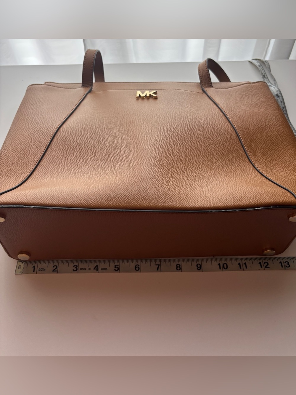 Michael Kors Cognac Saffiano Leather Tote with Logo Zip Pouch and Fur Pom - Picture 13 of 15